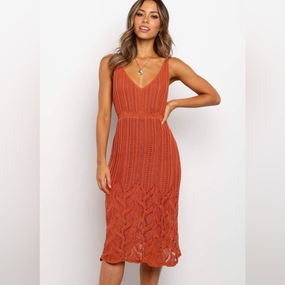 Petal & Pup Burnt Orange Crochet Midi Dress